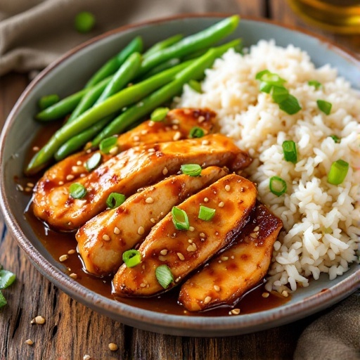 A nutritious plate of sesame chicken with green beans and rice, garnished with sesame seeds and green onions.